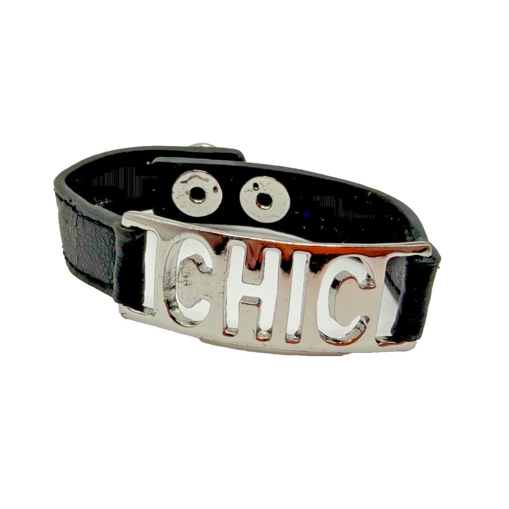 BCBGeneration Black Leather CHIC Logo‎ Cuff Bracelet Silver Tone Snap Closure